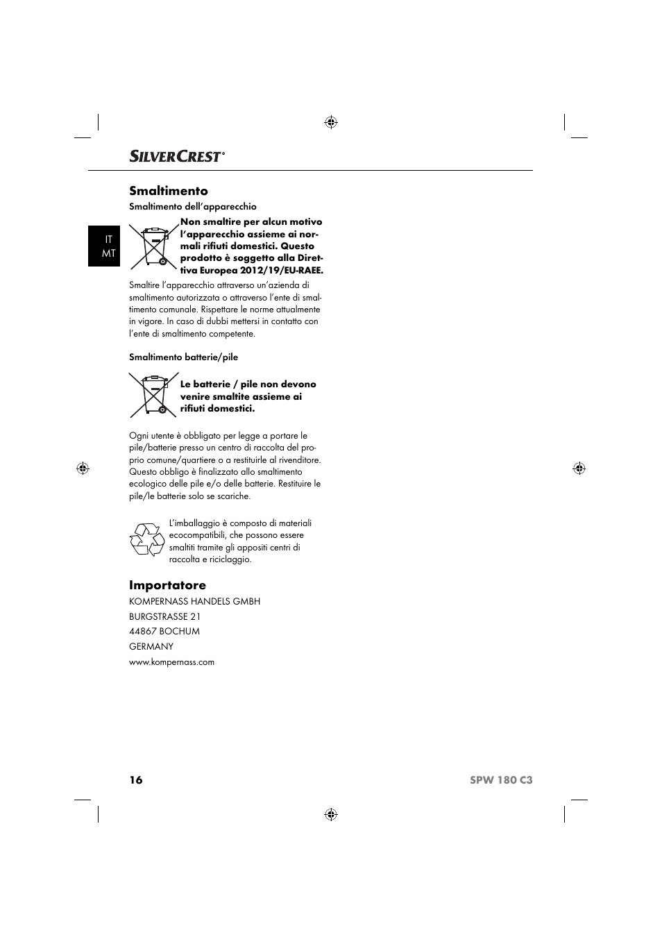 Smaltimento, Importatore | Silvercrest SPW 180 C3 User Manual | Page 19 / 44