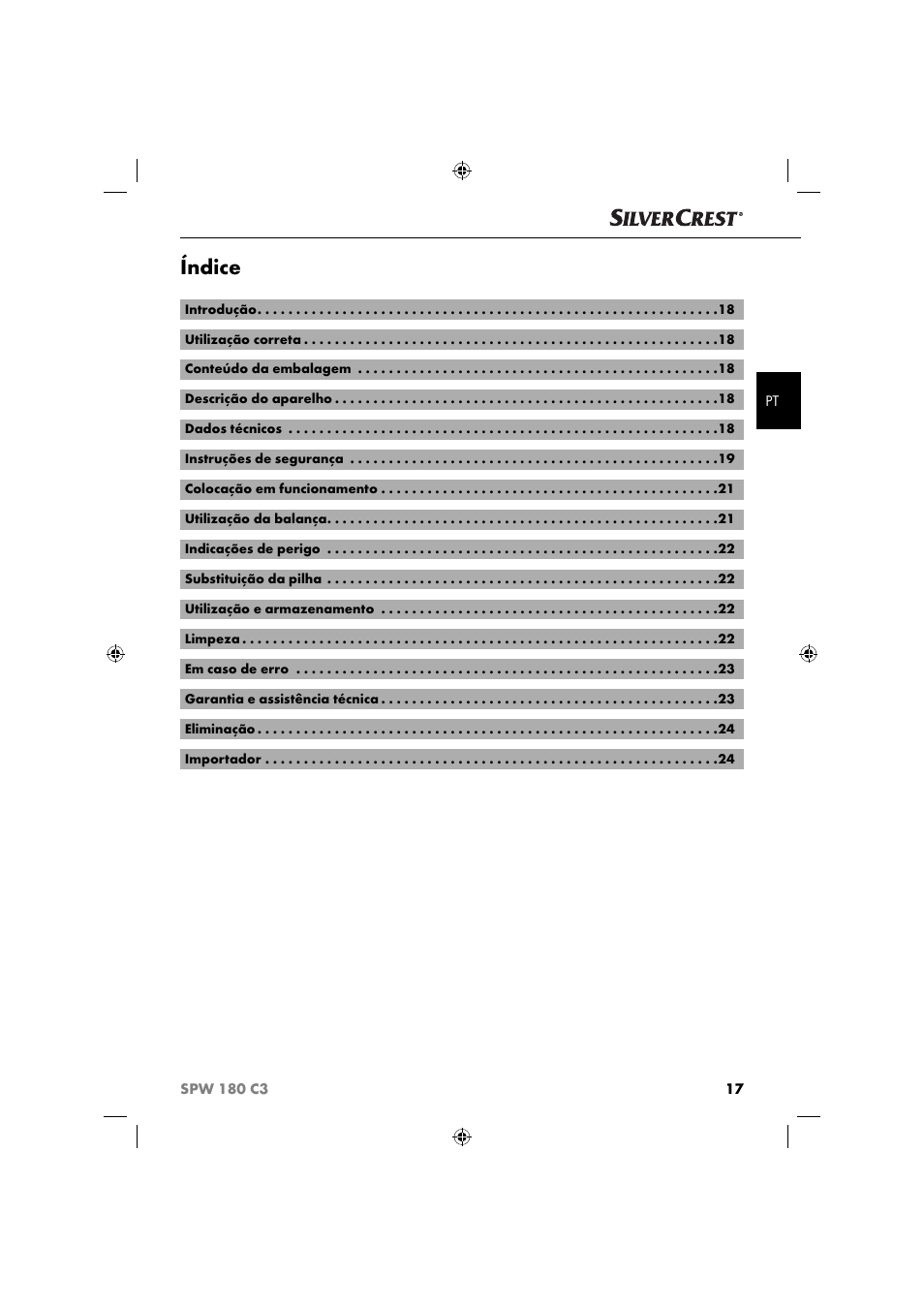 Índice | Silvercrest SPW 180 C3 User Manual | Page 20 / 44