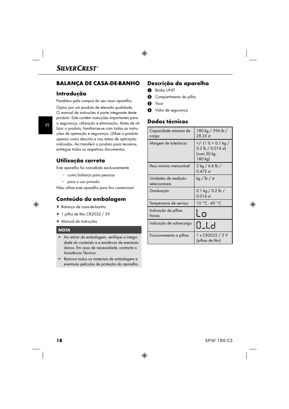 Balança de casa-de-banho introdução, Utilização correta, Conteúdo da embalagem | Descrição do aparelho, Dados técnicos | Silvercrest SPW 180 C3 User Manual | Page 21 / 44