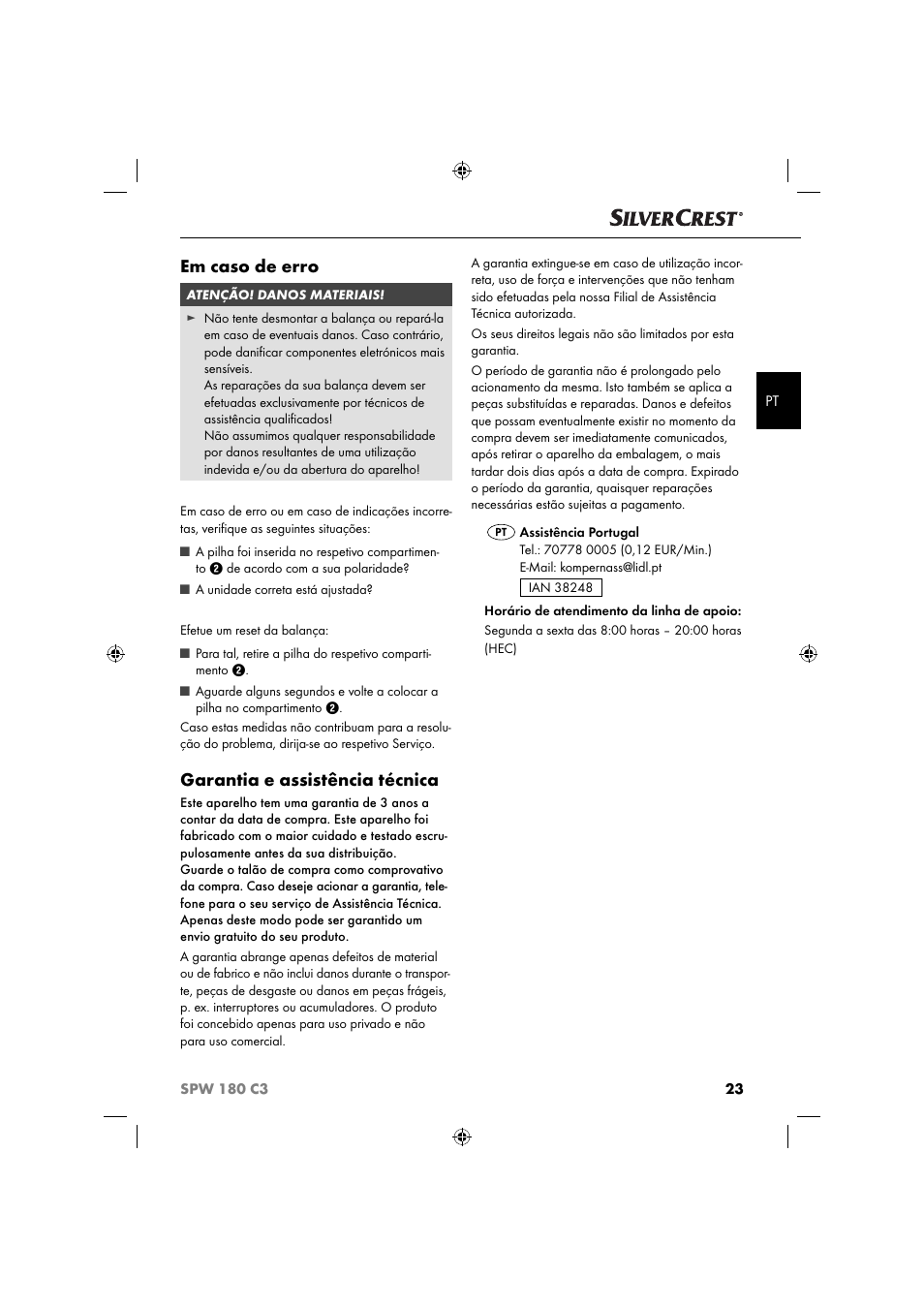 Em caso de erro, Garantia e assistência técnica | Silvercrest SPW 180 C3 User Manual | Page 26 / 44