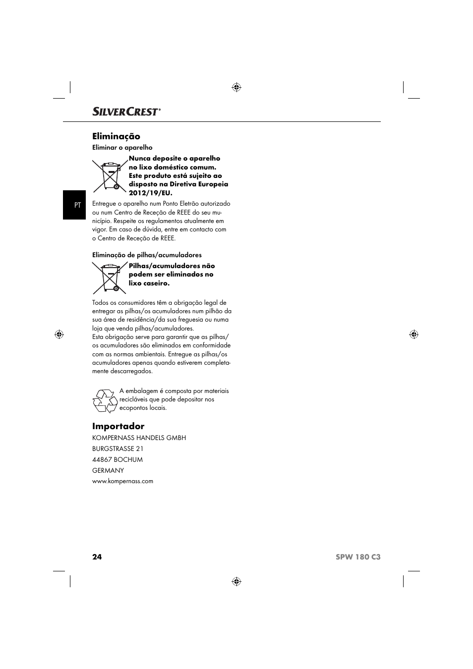 Eliminação, Importador | Silvercrest SPW 180 C3 User Manual | Page 27 / 44