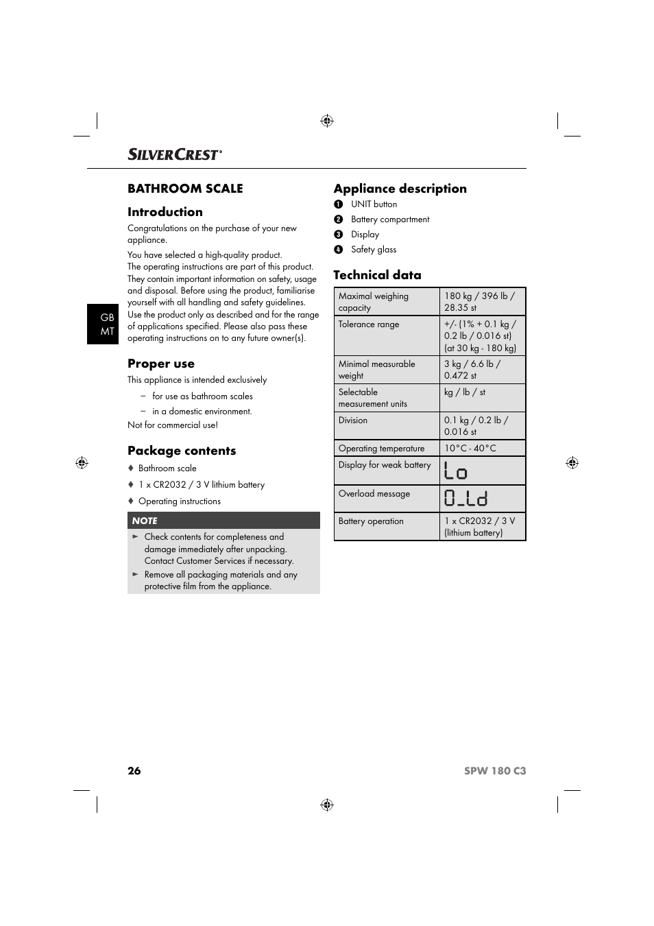 Bathroom scale introduction, Proper use, Package contents | Appliance description, Technical data | Silvercrest SPW 180 C3 User Manual | Page 29 / 44