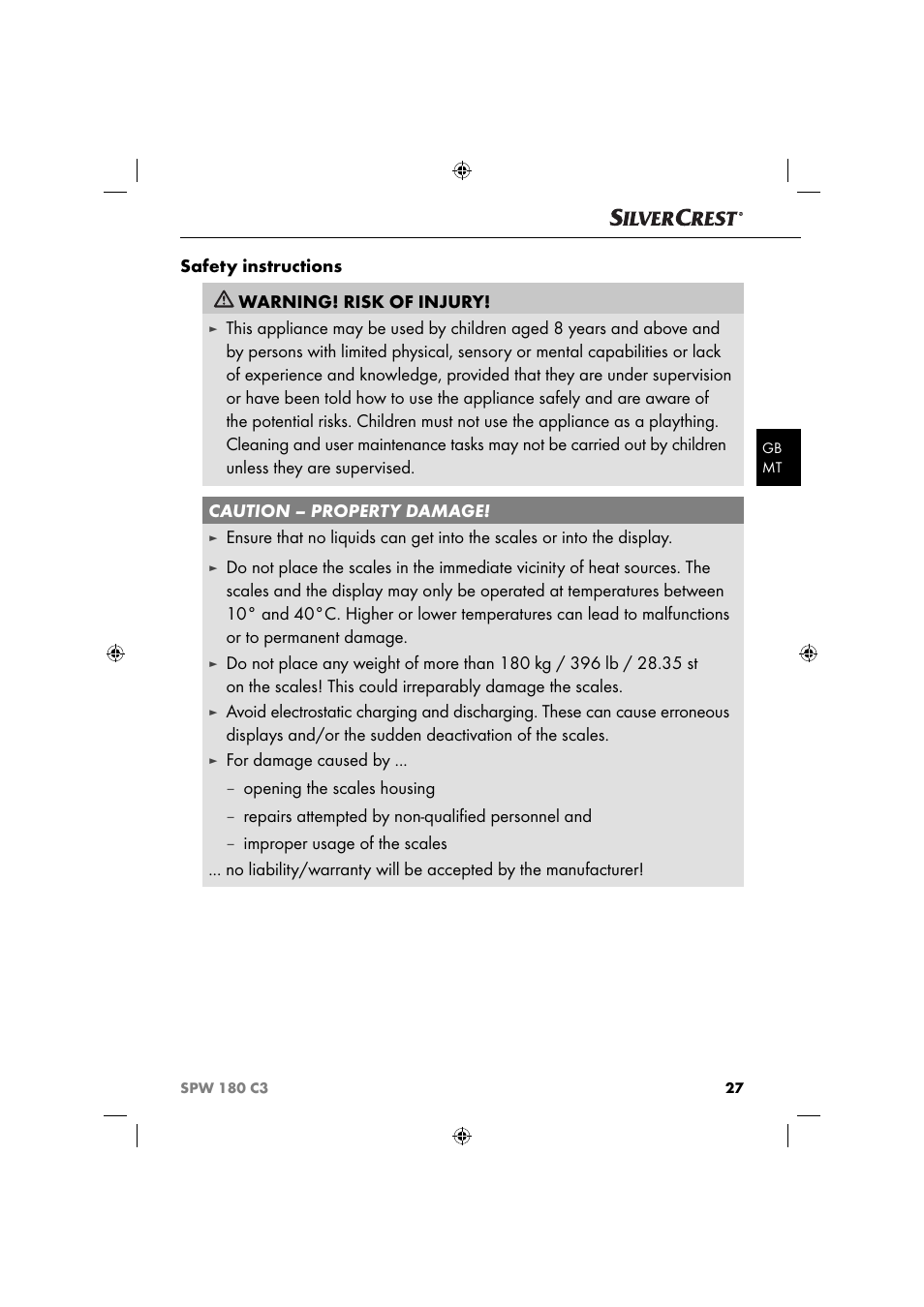 Safety instructions warning! risk of injury, For damage caused by, Opening the scales housing | Repairs attempted by non-qualiﬁ ed personnel and | Silvercrest SPW 180 C3 User Manual | Page 30 / 44