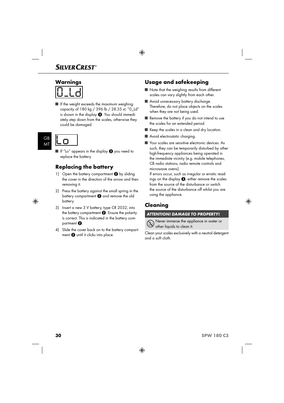 Warnings, Replacing the battery, Usage and safekeeping | Cleaning | Silvercrest SPW 180 C3 User Manual | Page 33 / 44
