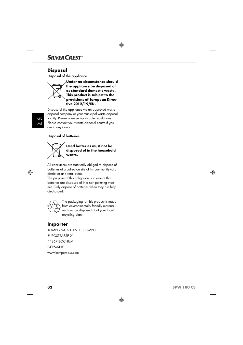 Disposal, Importer | Silvercrest SPW 180 C3 User Manual | Page 35 / 44