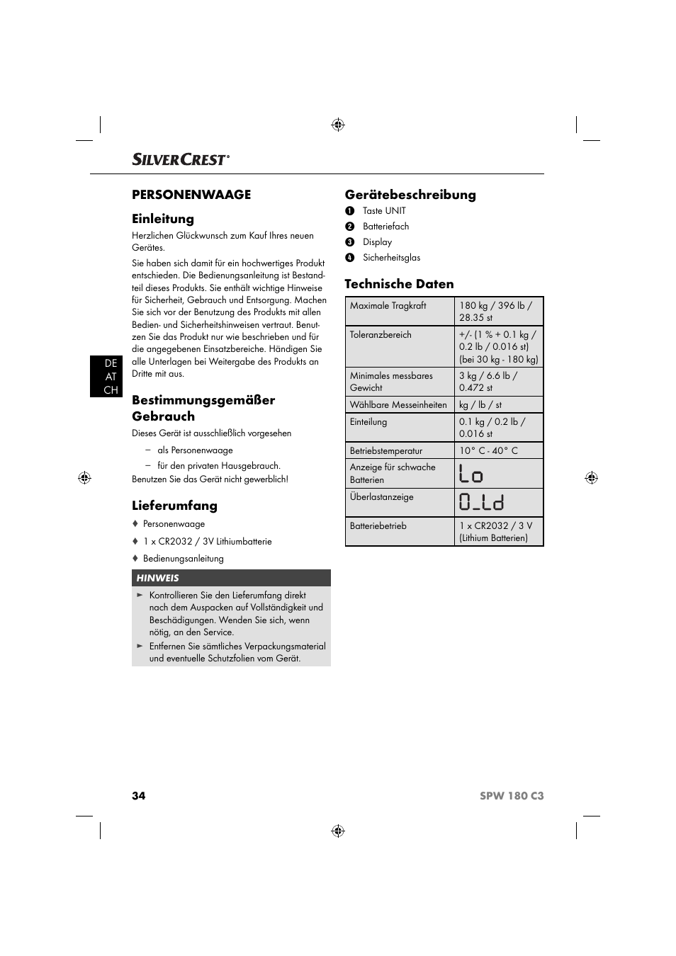 Personenwaage einleitung, Bestimmungsgemäßer gebrauch, Lieferumfang | Gerätebeschreibung, Technische daten | Silvercrest SPW 180 C3 User Manual | Page 37 / 44