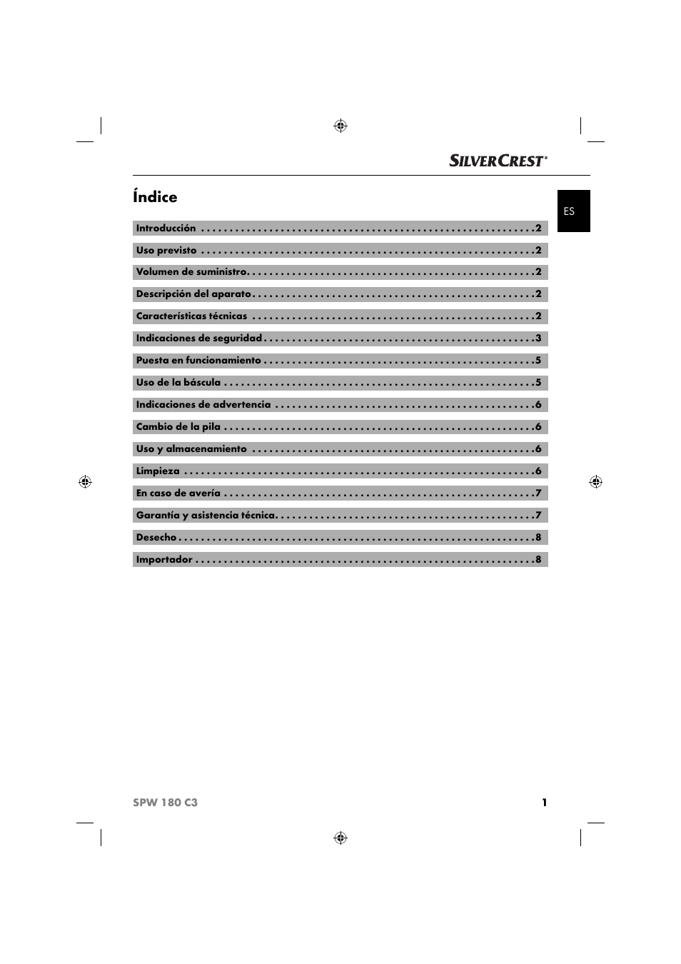 Índice | Silvercrest SPW 180 C3 User Manual | Page 4 / 44