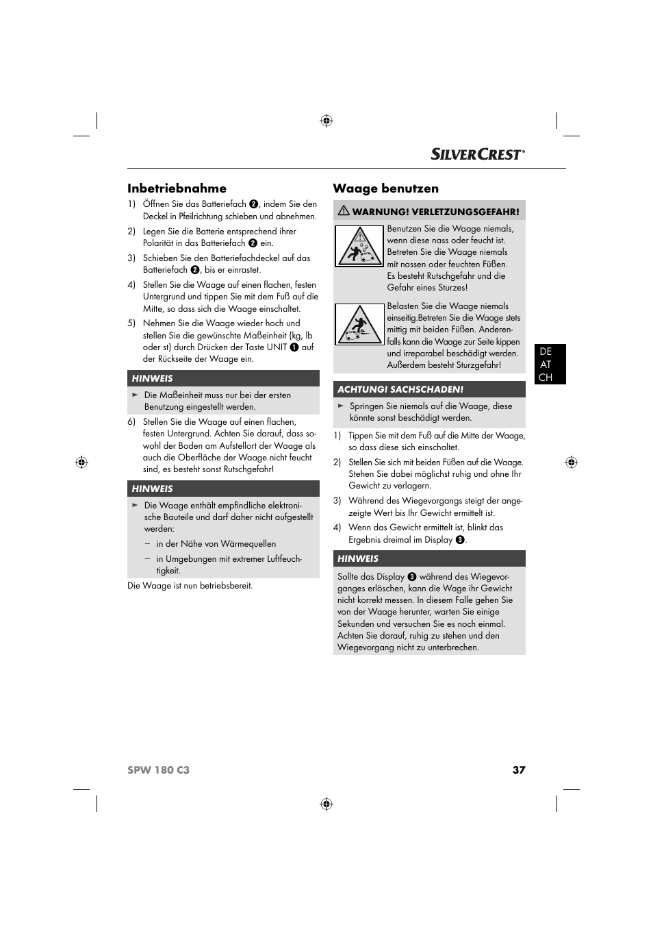 Inbetriebnahme, Waage benutzen | Silvercrest SPW 180 C3 User Manual | Page 40 / 44