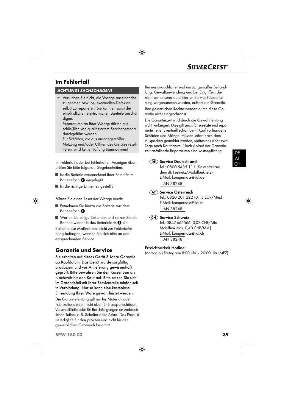 Im fehlerfall, Garantie und service | Silvercrest SPW 180 C3 User Manual | Page 42 / 44