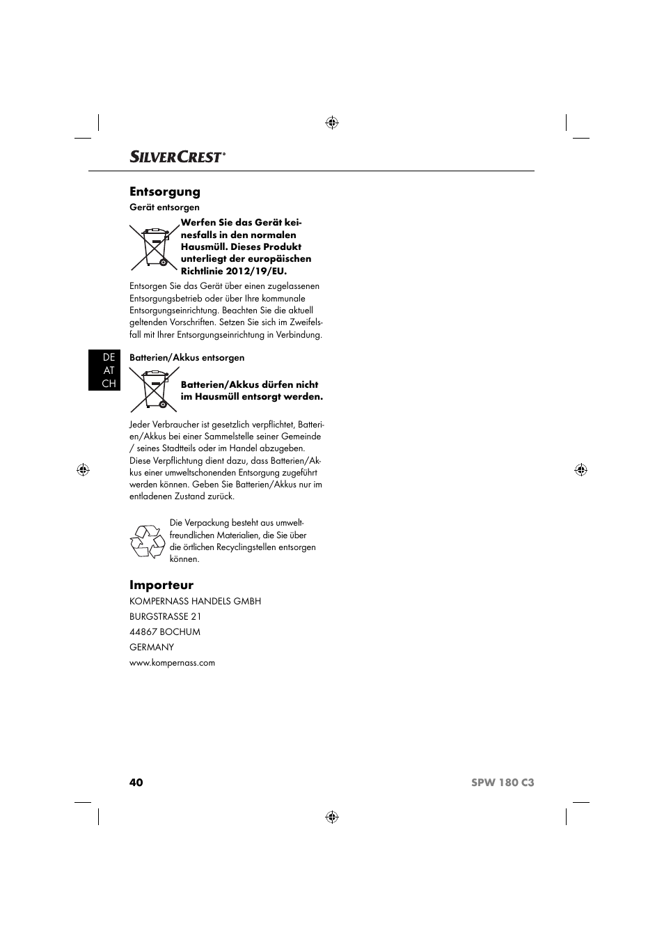 Entsorgung, Importeur | Silvercrest SPW 180 C3 User Manual | Page 43 / 44