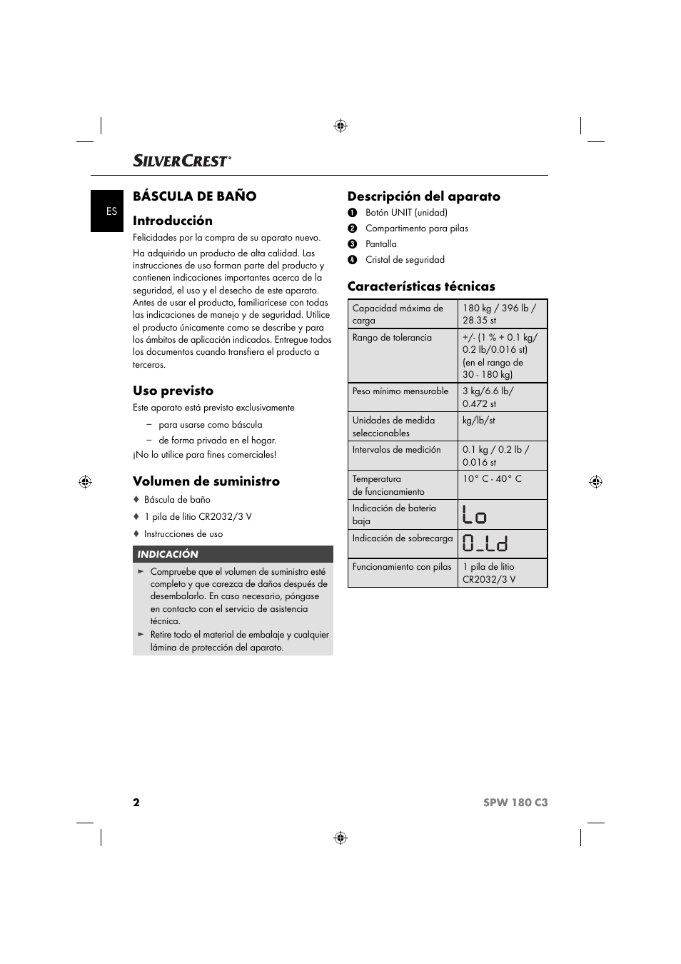 Báscula de baño introducción, Uso previsto, Volumen de suministro | Descripción del aparato, Características técnicas | Silvercrest SPW 180 C3 User Manual | Page 5 / 44