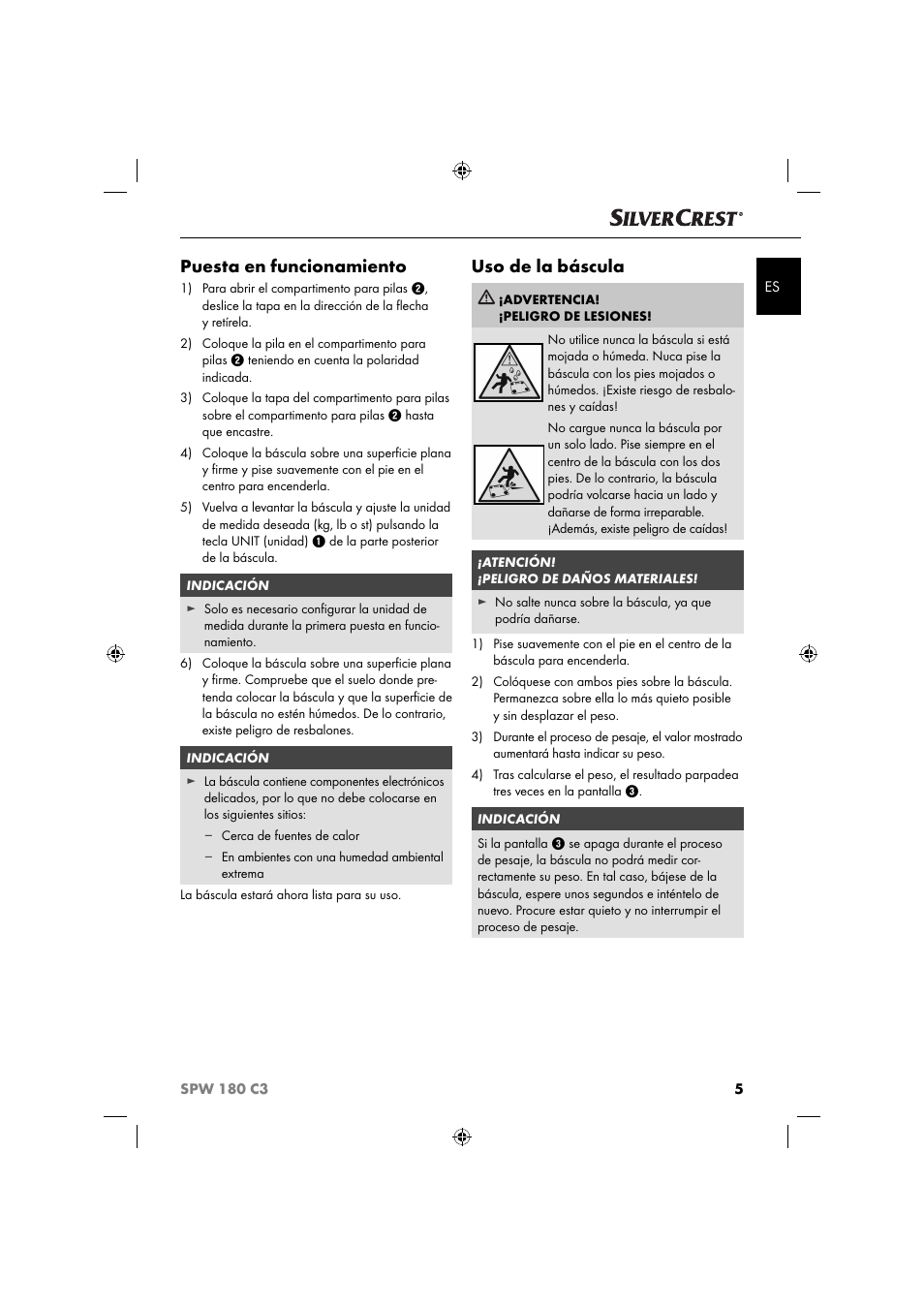 Puesta en funcionamiento, Uso de la báscula | Silvercrest SPW 180 C3 User Manual | Page 8 / 44