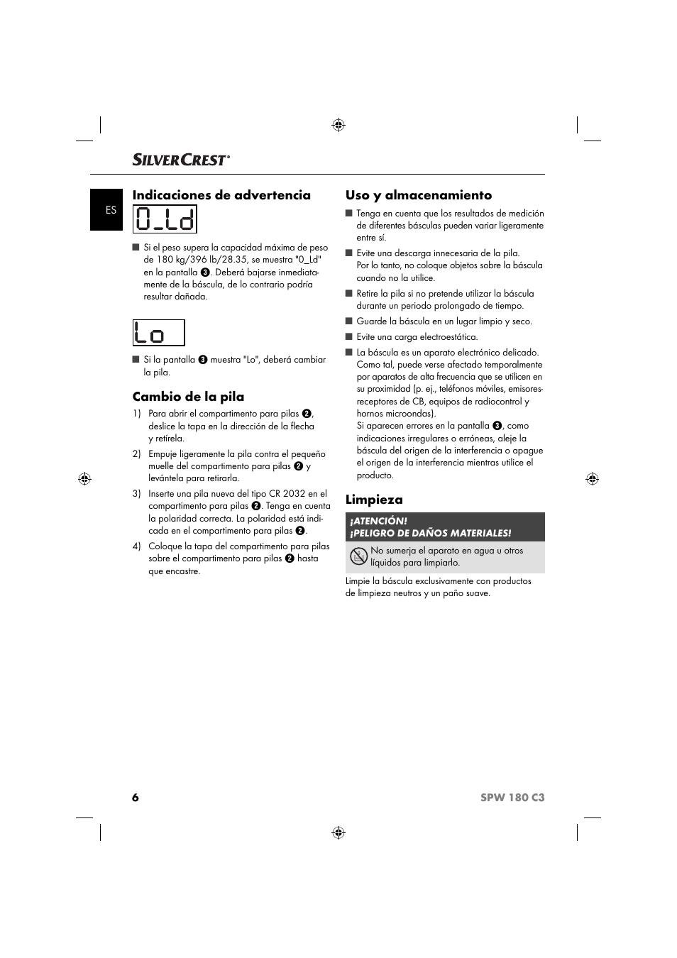 Indicaciones de advertencia, Cambio de la pila, Uso y almacenamiento | Limpieza | Silvercrest SPW 180 C3 User Manual | Page 9 / 44