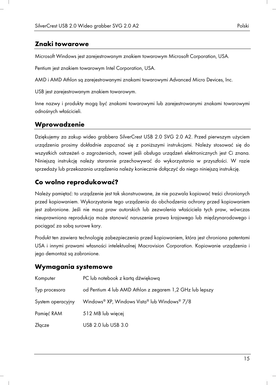 Znaki towarowe, Wprowadzenie, Co wolno reprodukować | Wymagania systemowe | Silvercrest SVG 2.0 A2 User Manual | Page 16 / 63