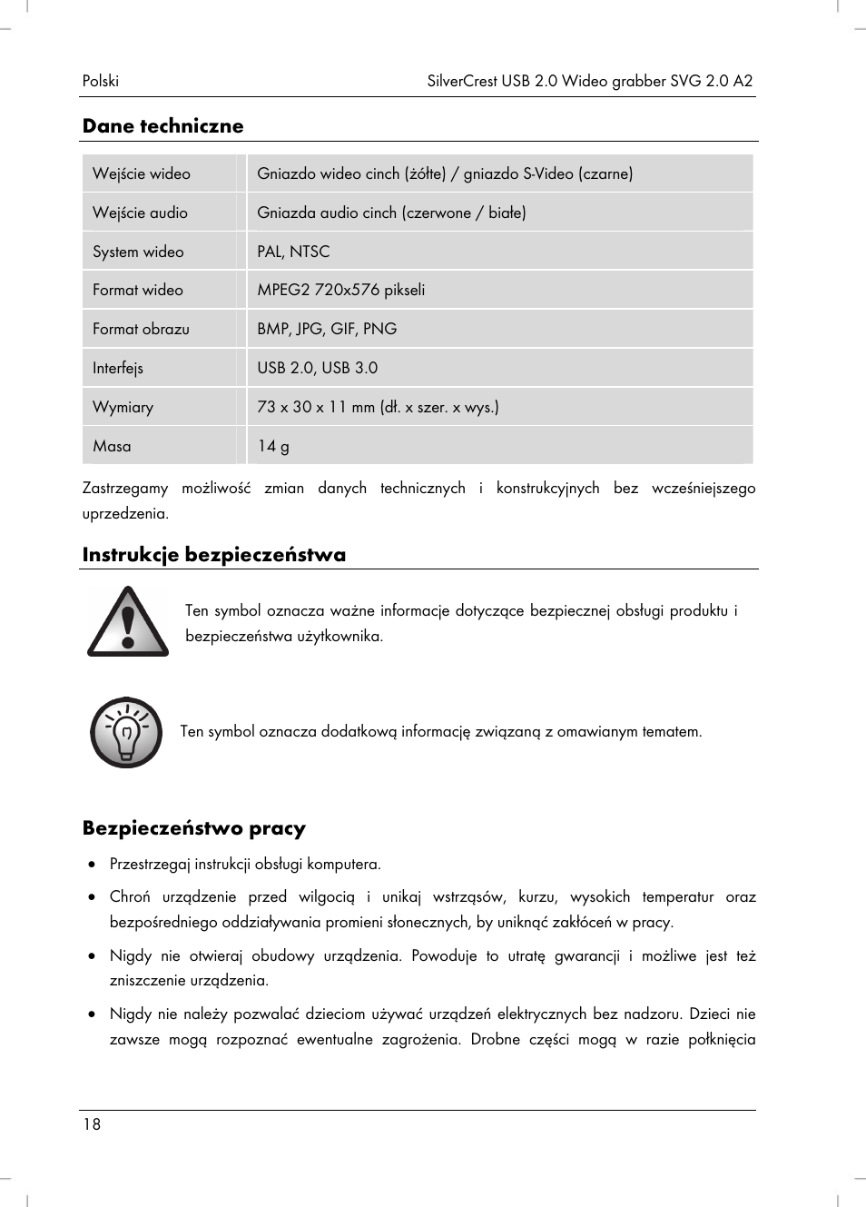 Dane techniczne, Instrukcje bezpieczeństwa, Bezpieczeństwo pracy | Silvercrest SVG 2.0 A2 User Manual | Page 19 / 63