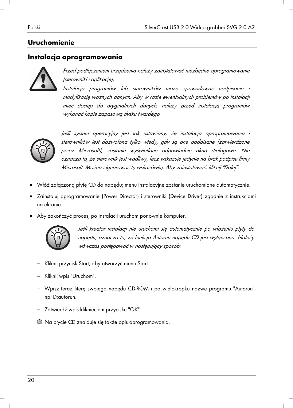 Uruchomienie instalacja oprogramowania | Silvercrest SVG 2.0 A2 User Manual | Page 21 / 63