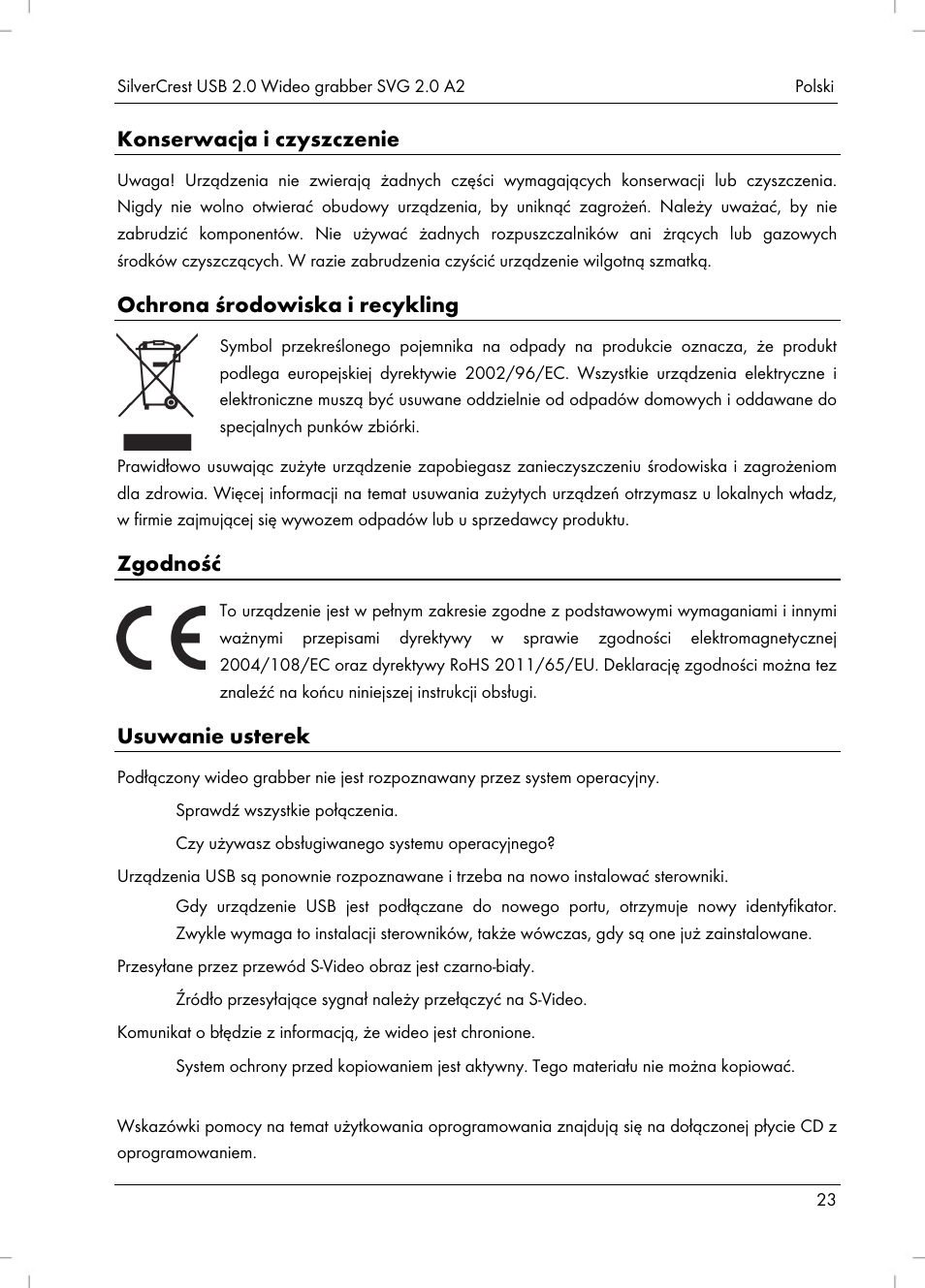 Konserwacja i czyszczenie, Ochrona środowiska i recykling, Zgodność | Usuwanie usterek | Silvercrest SVG 2.0 A2 User Manual | Page 24 / 63