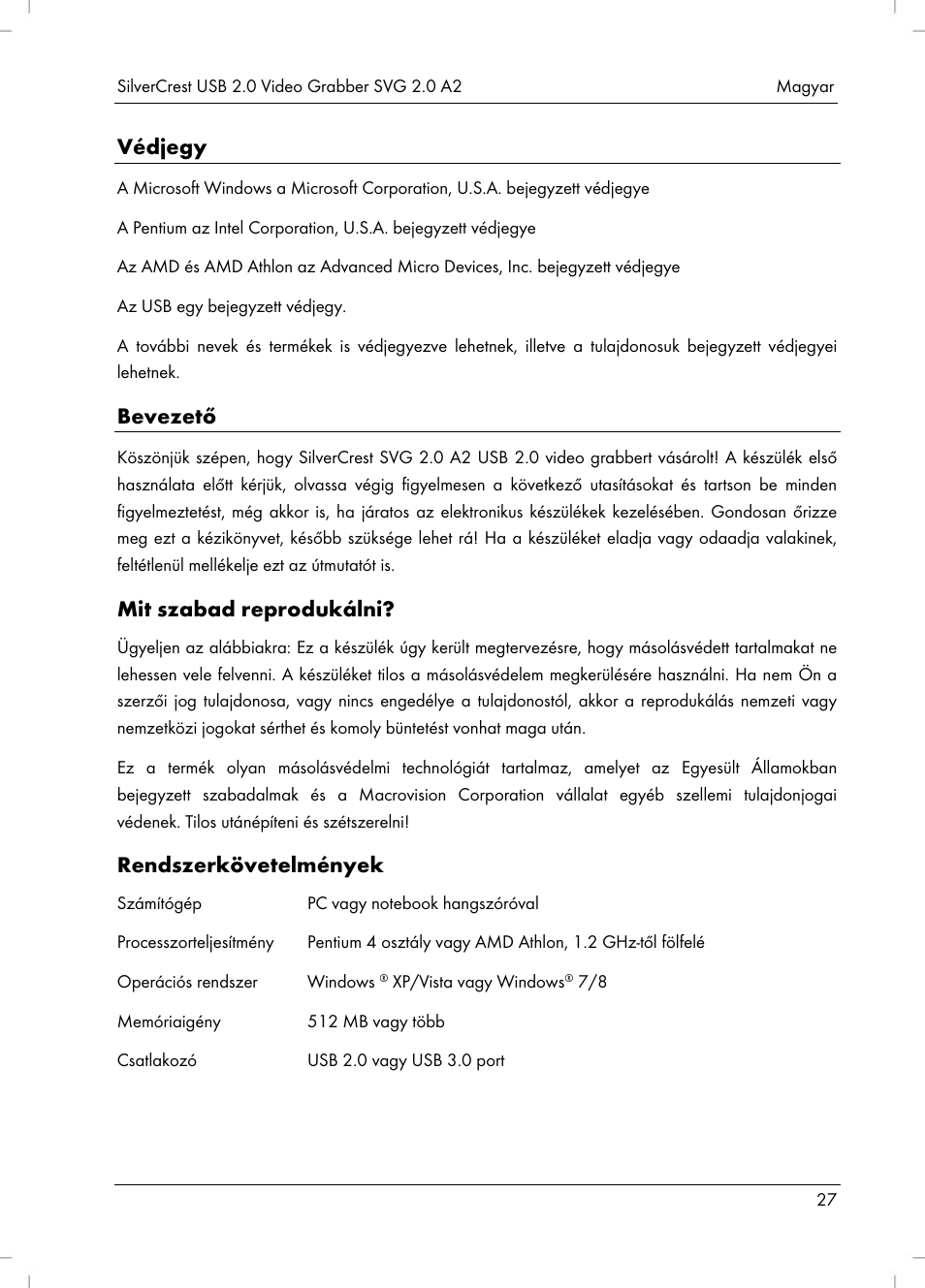 Védjegy, Bevezető, Mit szabad reprodukálni | Rendszerkövetelmények | Silvercrest SVG 2.0 A2 User Manual | Page 28 / 63