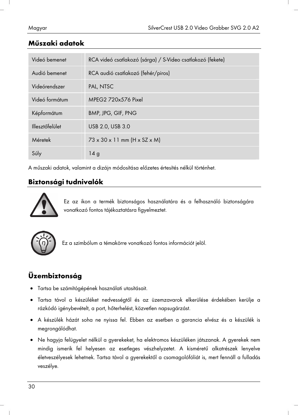 Műszaki adatok, Biztonsági tudnivalók, Üzembiztonság | Silvercrest SVG 2.0 A2 User Manual | Page 31 / 63