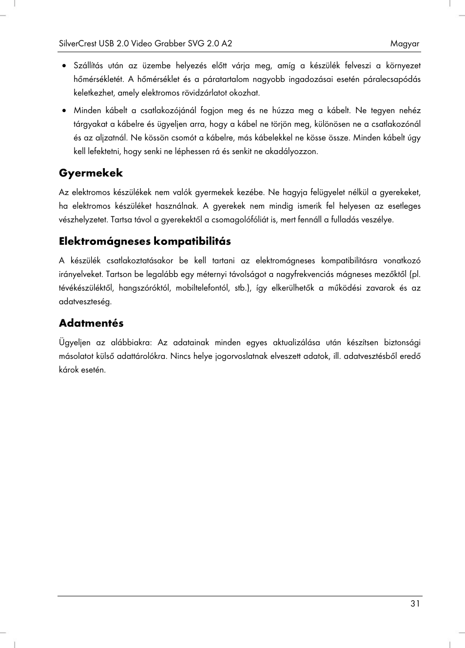 Gyermekek, Elektromágneses kompatibilitás, Adatmentés | Silvercrest SVG 2.0 A2 User Manual | Page 32 / 63