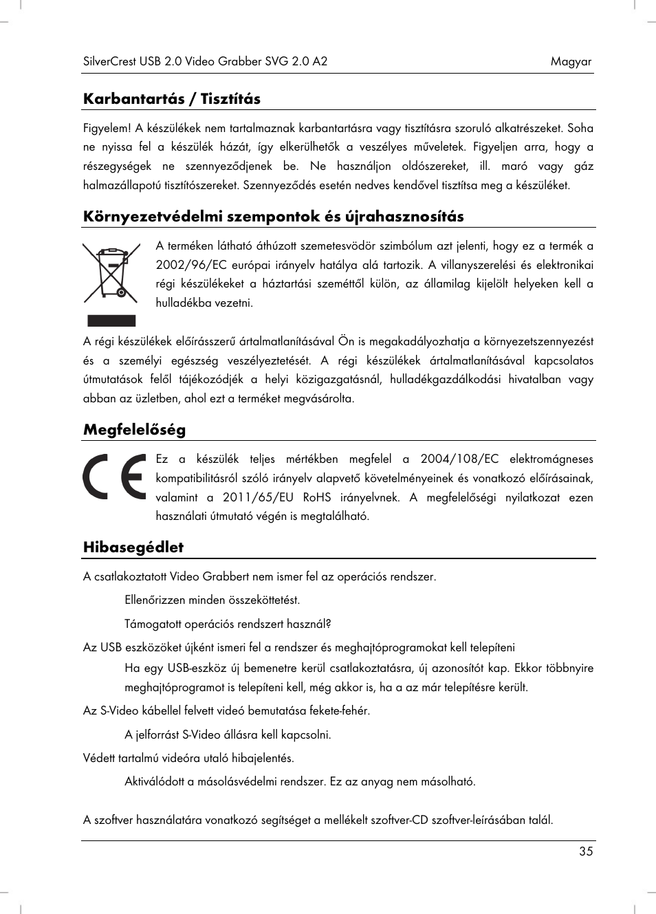 Karbantartás / tisztítás, Környezetvédelmi szempontok és újrahasznosítás, Megfelelőség | Hibasegédlet | Silvercrest SVG 2.0 A2 User Manual | Page 36 / 63