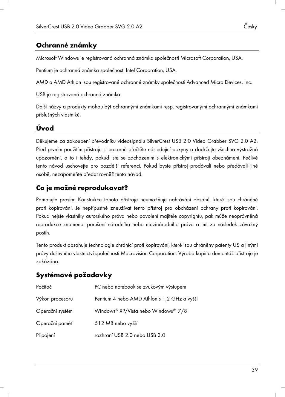 Ochranné známky, Úvod, Co je možné reprodukovat | Systémové požadavky | Silvercrest SVG 2.0 A2 User Manual | Page 40 / 63