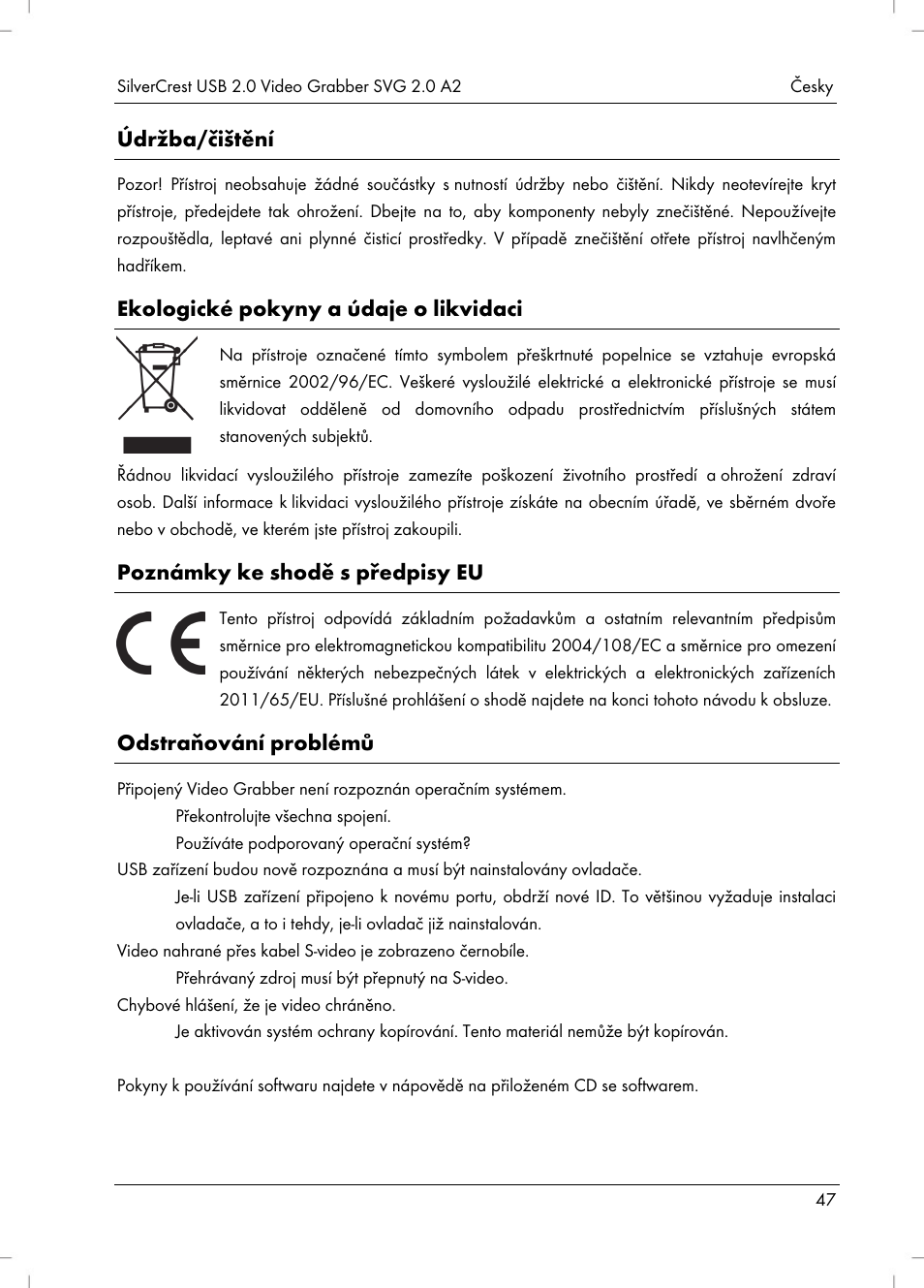 Údržba/čištění, Ekologické pokyny a údaje o likvidaci, Poznámky ke shodě s předpisy eu | Odstraňování problémů | Silvercrest SVG 2.0 A2 User Manual | Page 48 / 63