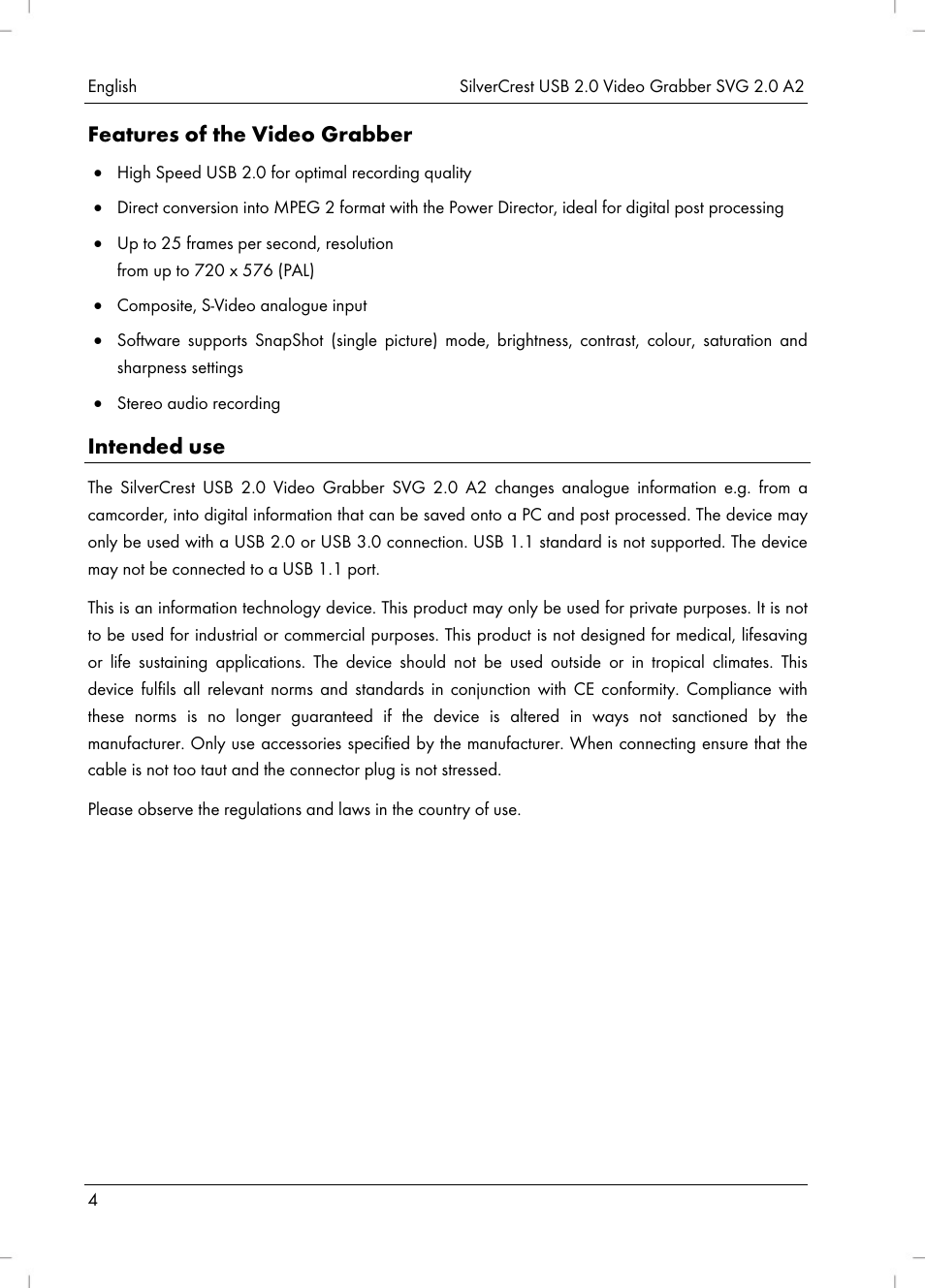 Features of the video grabber, Intended use | Silvercrest SVG 2.0 A2 User Manual | Page 5 / 63