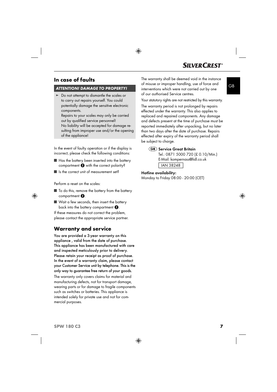 Warranty and service | Silvercrest SPW 180 C3 User Manual | Page 10 / 60