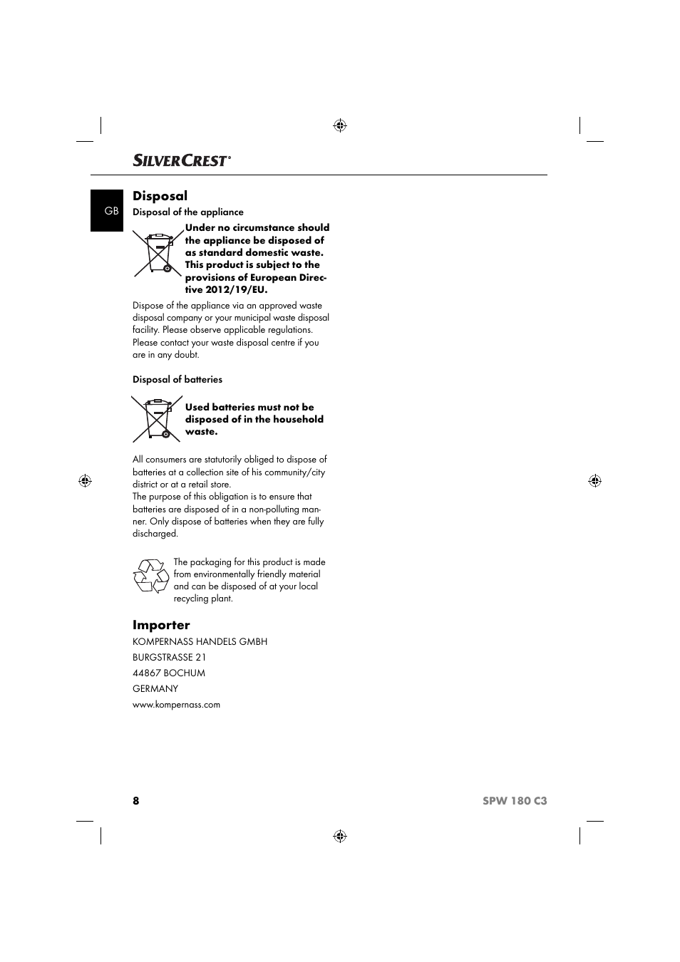Disposal, Importer | Silvercrest SPW 180 C3 User Manual | Page 11 / 60