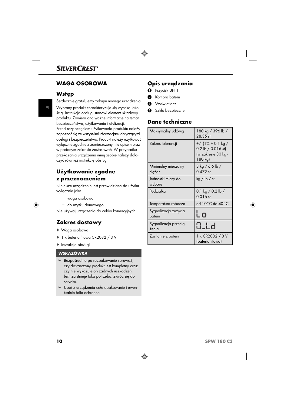 Waga osobowa wstęp, Użytkowanie zgodne z przeznaczeniem, Zakres dostawy | Opis urządzania, Dane techniczne | Silvercrest SPW 180 C3 User Manual | Page 13 / 60
