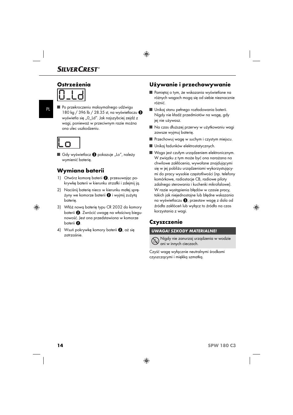 Ostrzeżenia, Wymiana baterii, Używanie i przechowywanie | Czyszczenie | Silvercrest SPW 180 C3 User Manual | Page 17 / 60