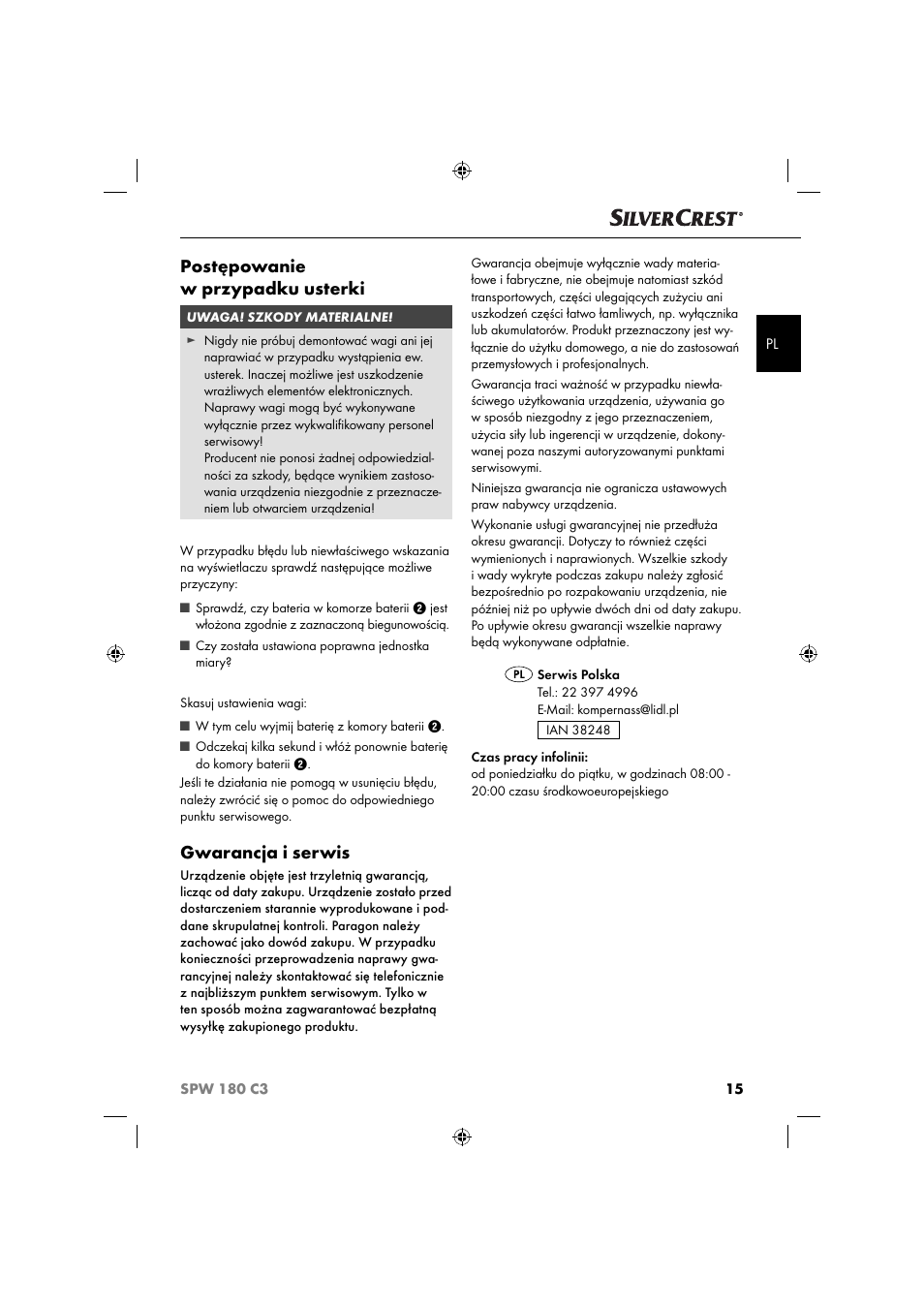Postępowanie w przypadku usterki, Gwarancja i serwis | Silvercrest SPW 180 C3 User Manual | Page 18 / 60