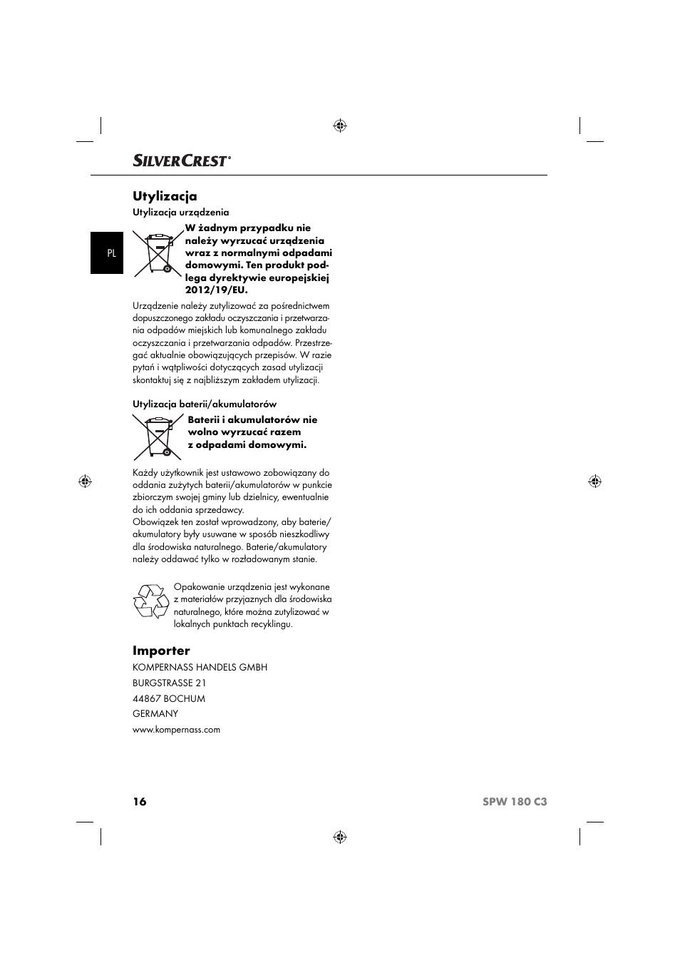 Utylizacja, Importer | Silvercrest SPW 180 C3 User Manual | Page 19 / 60