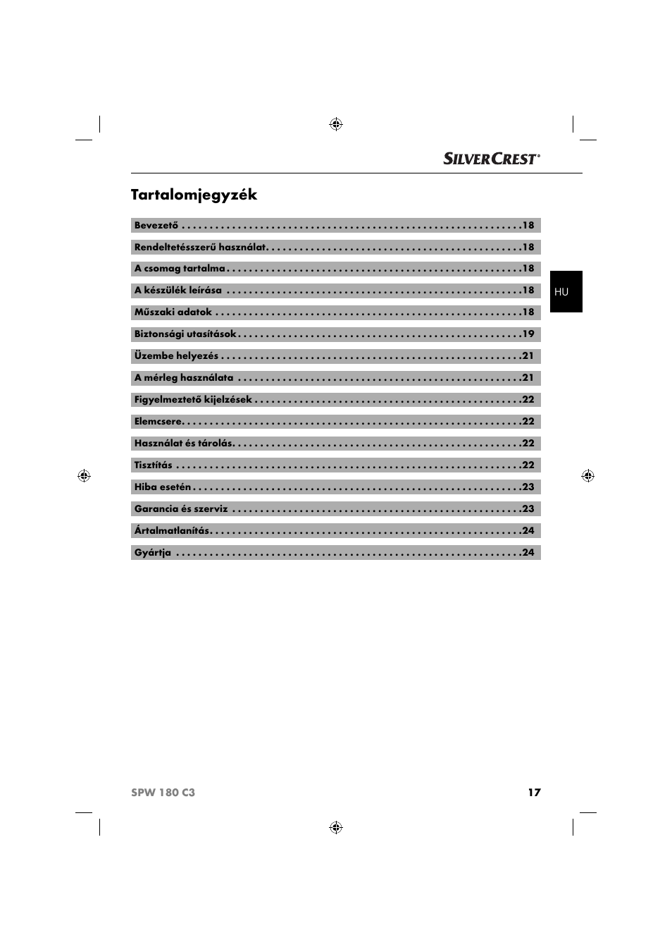 Tartalomjegyzék | Silvercrest SPW 180 C3 User Manual | Page 20 / 60