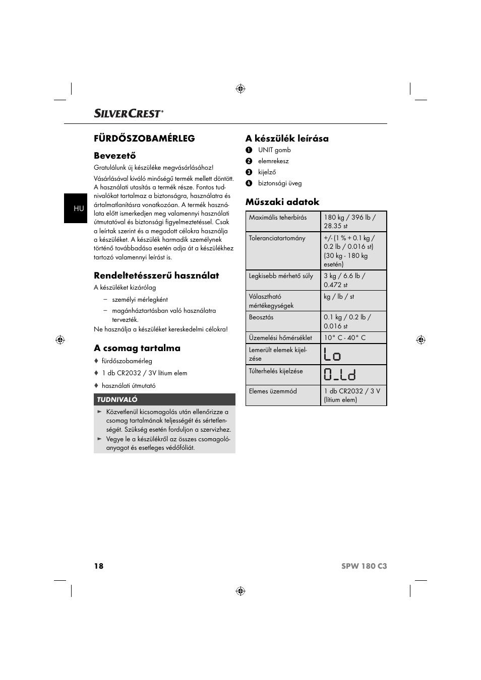 Fürdőszobamérleg bevezető, Rendeltetésszerű használat, A csomag tartalma | A készülék leírása, Műszaki adatok | Silvercrest SPW 180 C3 User Manual | Page 21 / 60