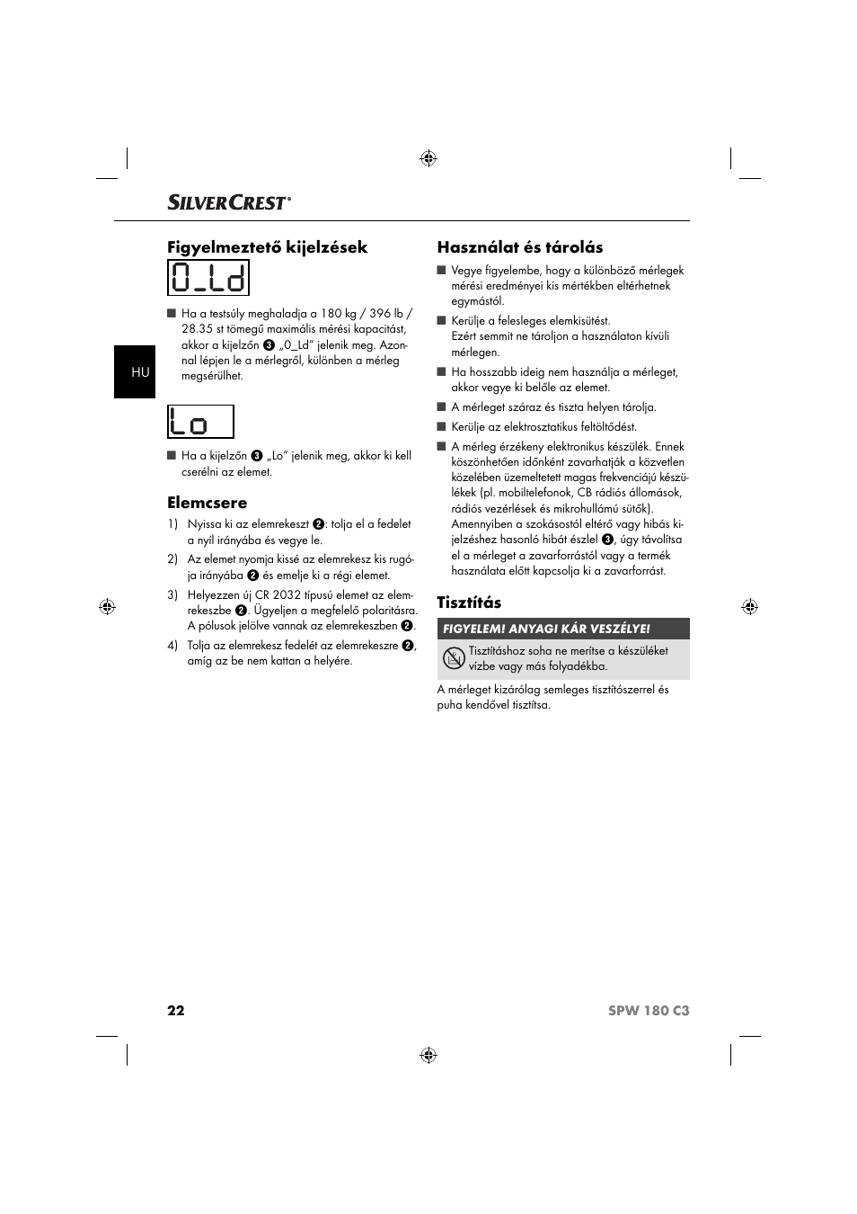 Figyelmeztető kijelzések, Elemcsere, Használat és tárolás | Tisztítás | Silvercrest SPW 180 C3 User Manual | Page 25 / 60