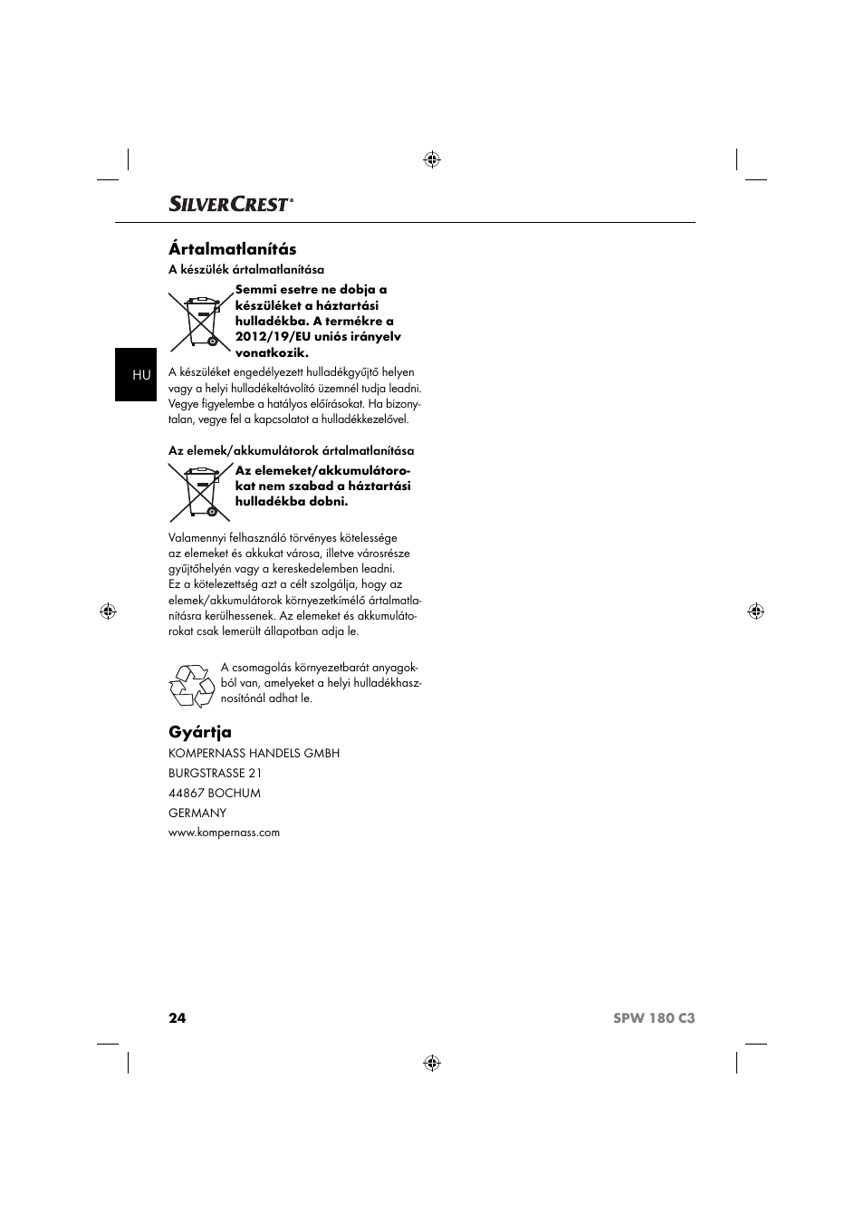 Ártalmatlanítás, Gyártja | Silvercrest SPW 180 C3 User Manual | Page 27 / 60