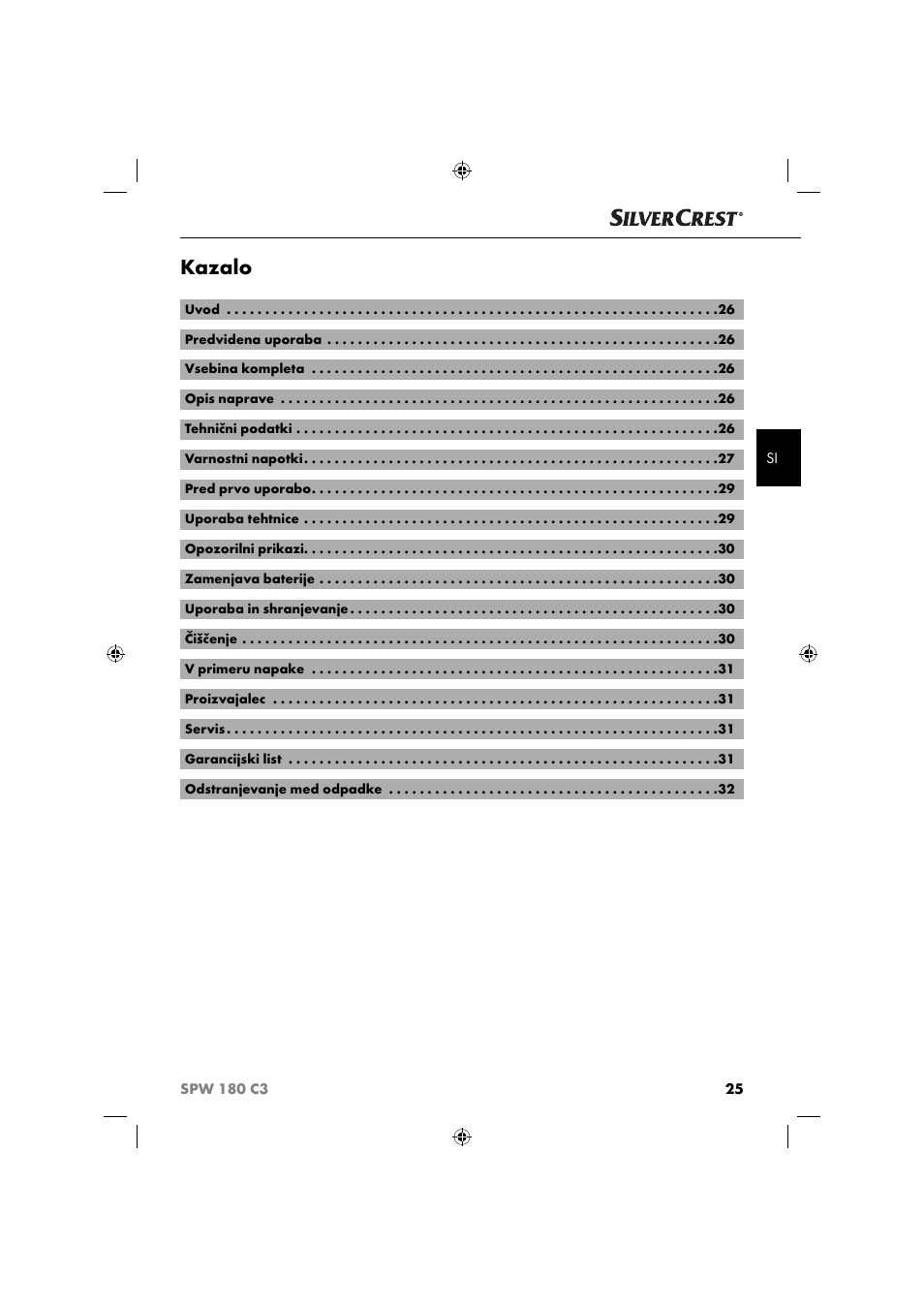 Kazalo | Silvercrest SPW 180 C3 User Manual | Page 28 / 60