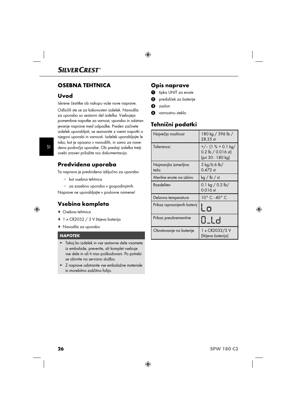 Osebna tehtnica uvod, Predvidena uporaba, Vsebina kompleta | Opis naprave, Tehnični podatki | Silvercrest SPW 180 C3 User Manual | Page 29 / 60