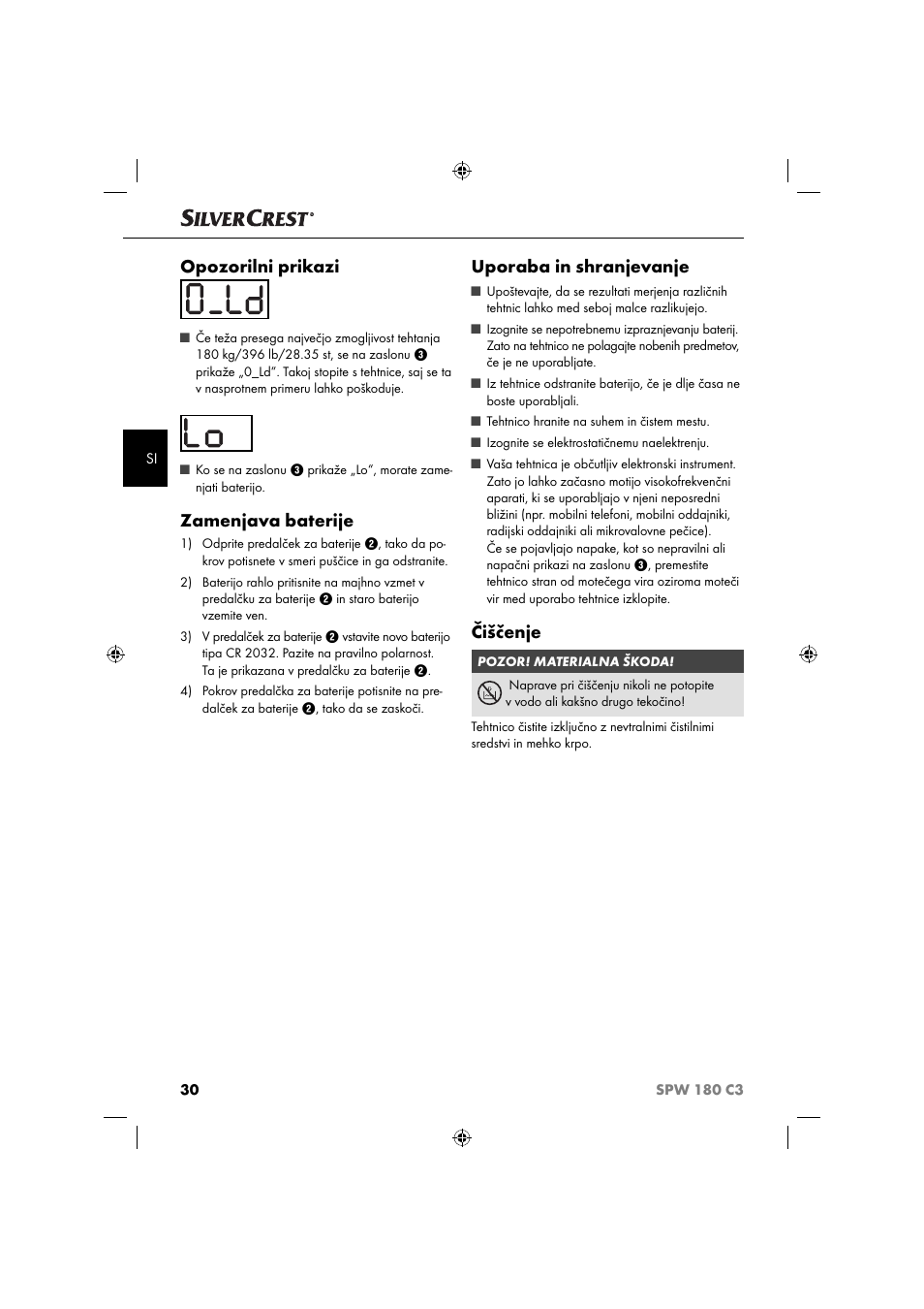 Opozorilni prikazi, Zamenjava baterije, Uporaba in shranjevanje | Čiščenje | Silvercrest SPW 180 C3 User Manual | Page 33 / 60