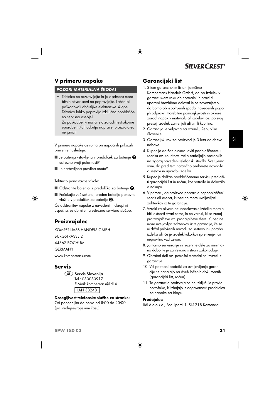 V primeru napake, Proizvajalec, Servis | Garancijski list | Silvercrest SPW 180 C3 User Manual | Page 34 / 60