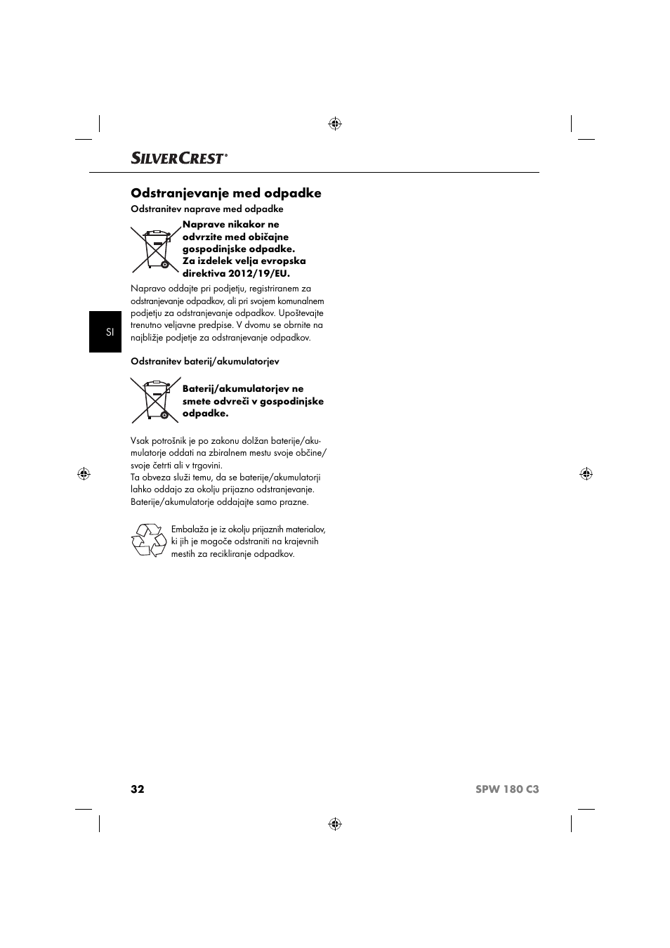 Odstranjevanje med odpadke | Silvercrest SPW 180 C3 User Manual | Page 35 / 60