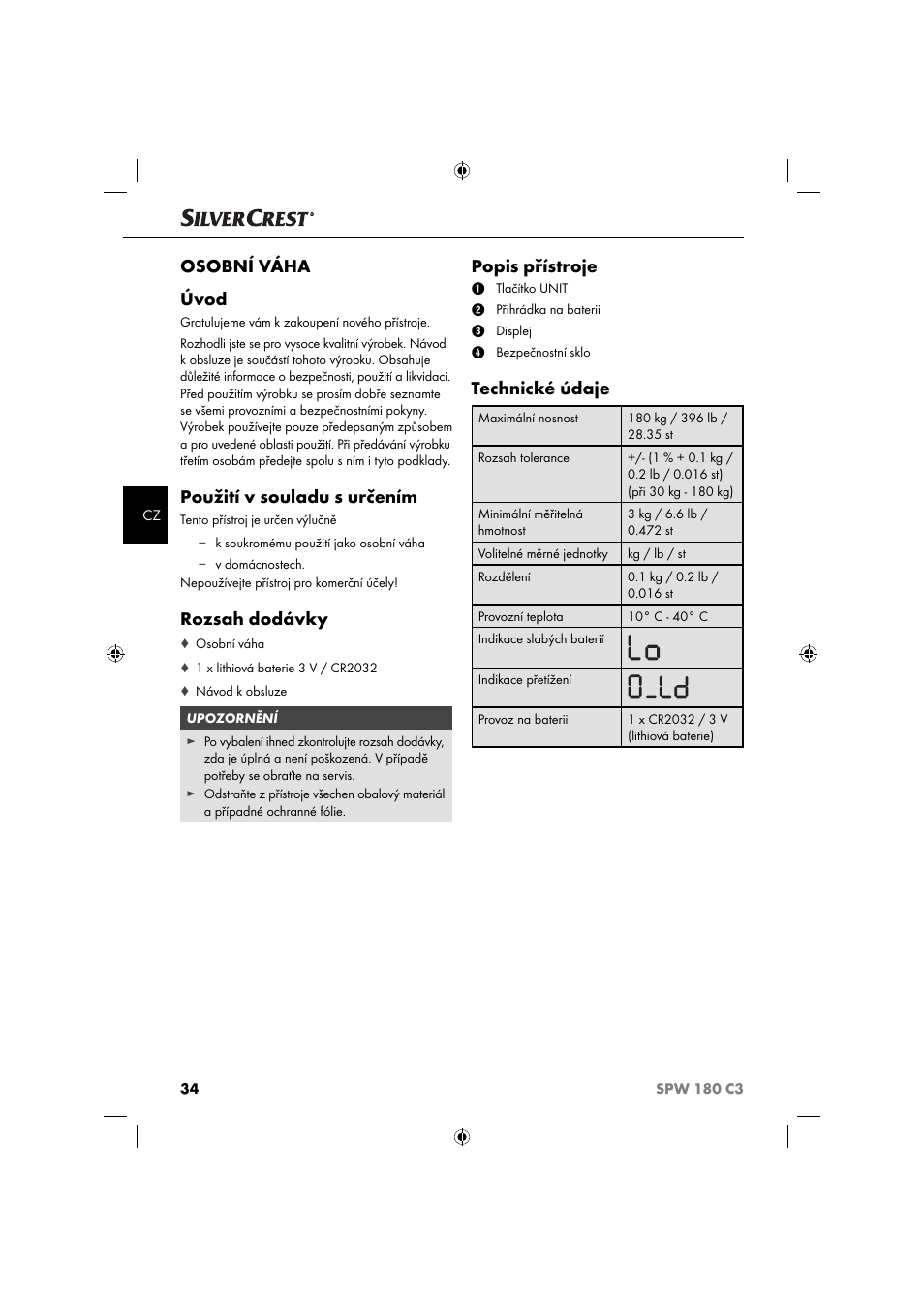 Osobní váha úvod, Použití v souladu s určením, Rozsah dodávky | Popis přístroje, Technické údaje | Silvercrest SPW 180 C3 User Manual | Page 37 / 60