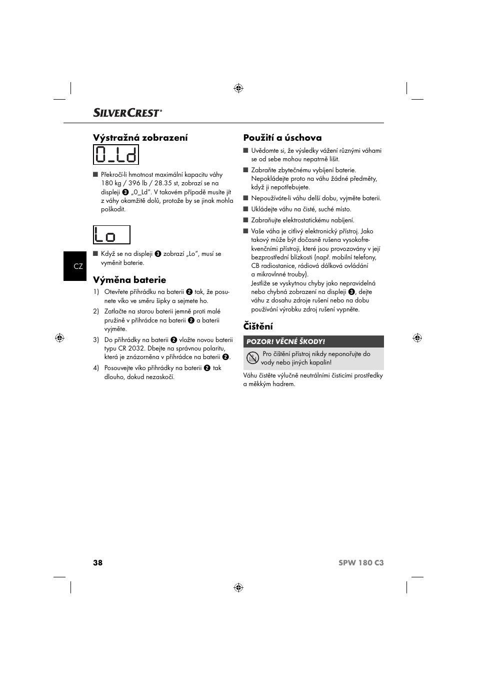 Výstražná zobrazení, Výměna baterie, Použití a úschova | Čištění | Silvercrest SPW 180 C3 User Manual | Page 41 / 60
