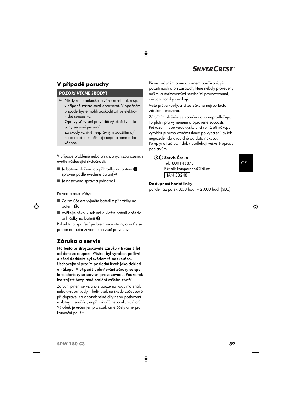 V případě poruchy, Záruka a servis | Silvercrest SPW 180 C3 User Manual | Page 42 / 60