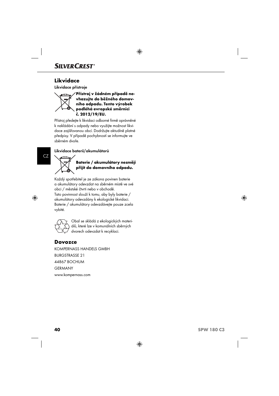 Likvidace, Dovozce | Silvercrest SPW 180 C3 User Manual | Page 43 / 60