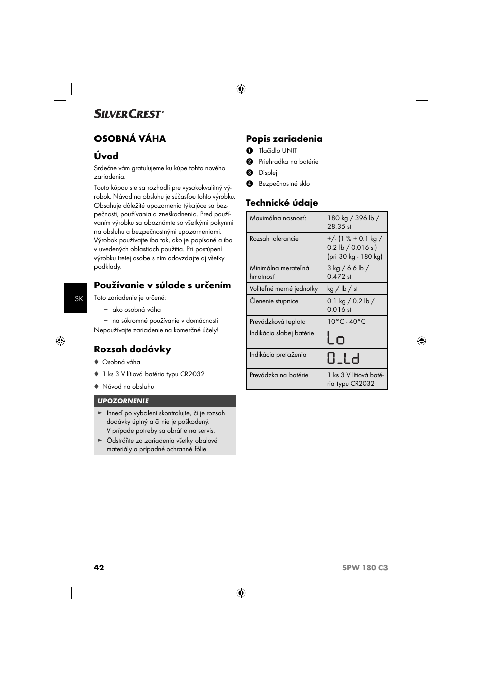 Osobná váha úvod, Používanie v súlade s určením, Rozsah dodávky | Popis zariadenia, Technické údaje | Silvercrest SPW 180 C3 User Manual | Page 45 / 60