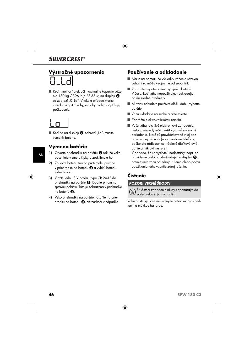 Výstražné upozornenia, Výmena batérie, Používanie a odkladanie | Čistenie | Silvercrest SPW 180 C3 User Manual | Page 49 / 60