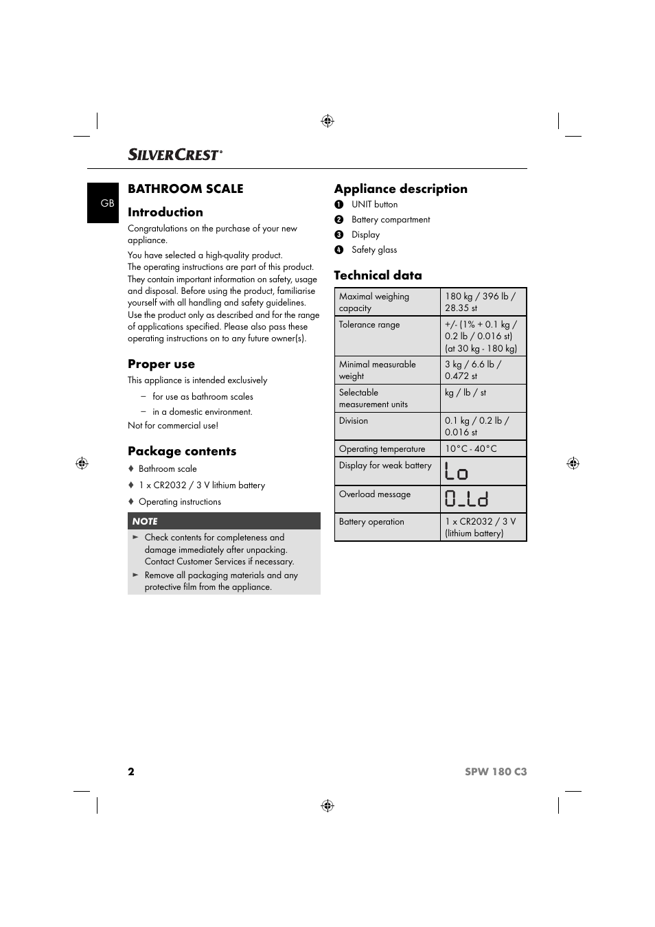 Bathroom scale introduction, Proper use, Package contents | Appliance description, Technical data | Silvercrest SPW 180 C3 User Manual | Page 5 / 60